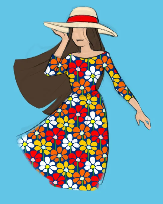 Woman in Dress and Hat with Resolution blue, Red, White