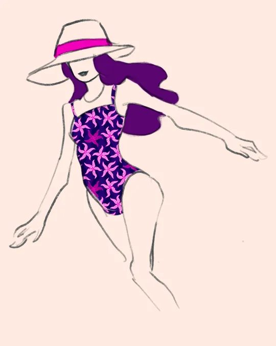 Woman in Swimsuit and Hat with Deep violet, Shocking pink, White