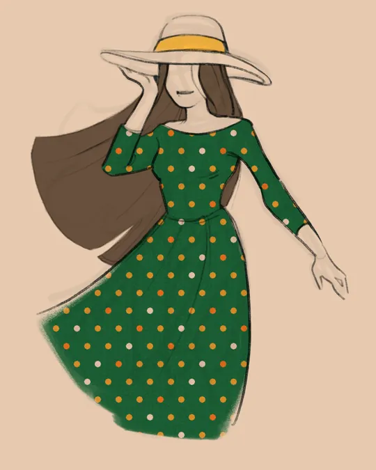 Woman in Dress and Hat with Forest green