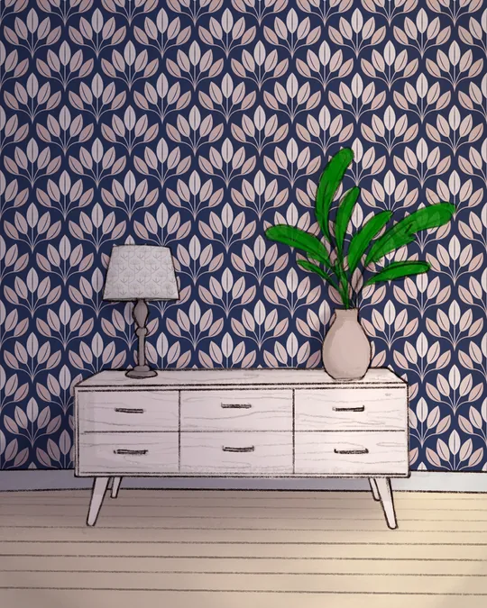 Living Room with Dresser, Plant and Lamp with Deep koamaru, Dust storm, Champagne pink