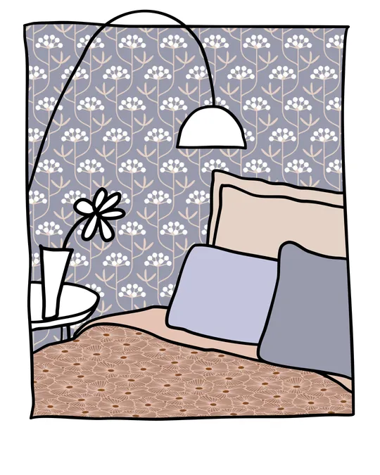 Bedroom with bedding set with Manatee, Pastel pink, Blast-off bronze