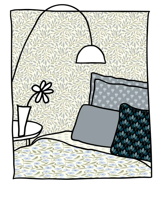 Bedroom with bedding set with Old lace, Pastel blue, Roman silver