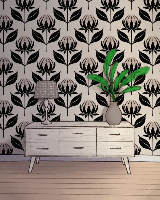 Black and Beige Block Print Budding Dahlias Room