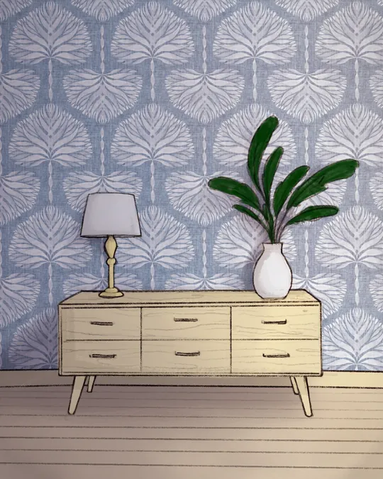 Living Room with Dresser, Plant and Lamp with Lavender gray, Pewter Blue, Anti-flash white