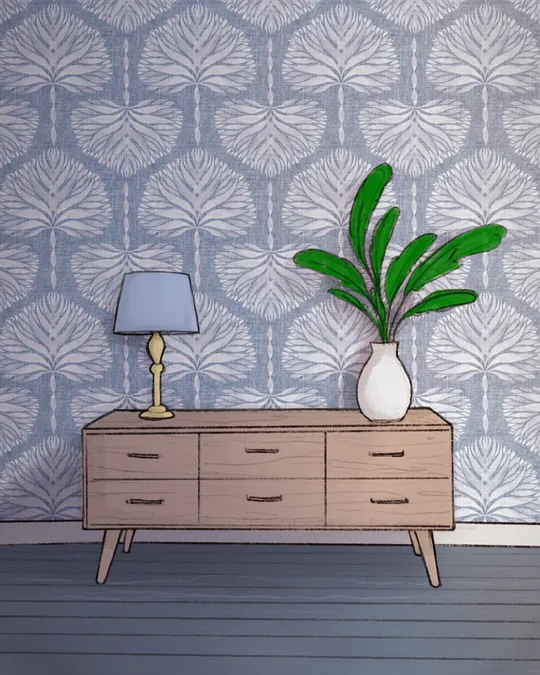 Living Room with Dresser, Plant and Lamp with Lavender gray, Pewter Blue, Anti-flash white