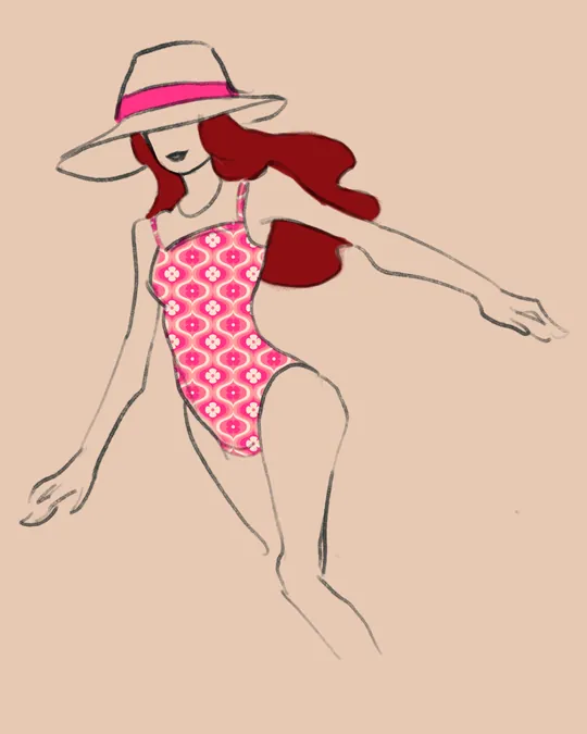Woman in Swimsuit and Hat with French pink, Old lace, Persian rose