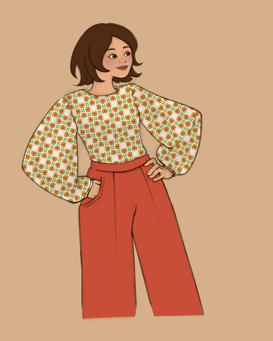 Abstract Geometric Floral Blouse in Ochre and Vermilion