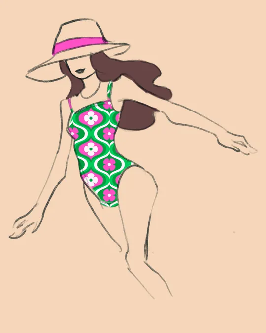 Woman in Swimsuit and Hat with Green, Pink lace, Purple pizzazz