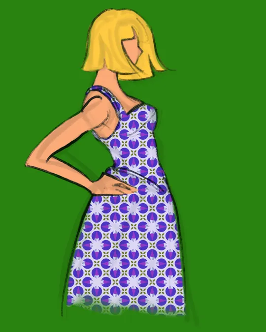 Woman with Summer Dress Side View with Soap, Iris, Dark orchid