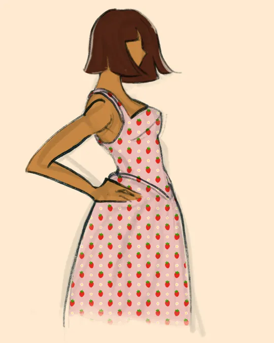 Woman with Summer Dress Side View with Champagne pink, Red, Sandy Tan