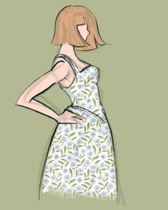 Woman with Summer Dress Side View with Baby powder, Beau blue, Sage