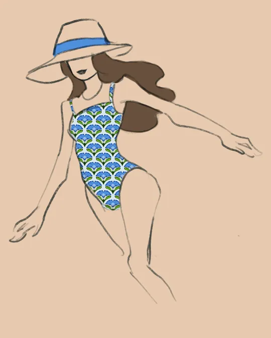 Woman in Swimsuit and Hat with Columbia Blue, Tufts Blue, Yale Blue
