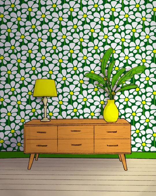 Living Room with Dresser, Plant and Lamp with White, Dark green, Canary yellow