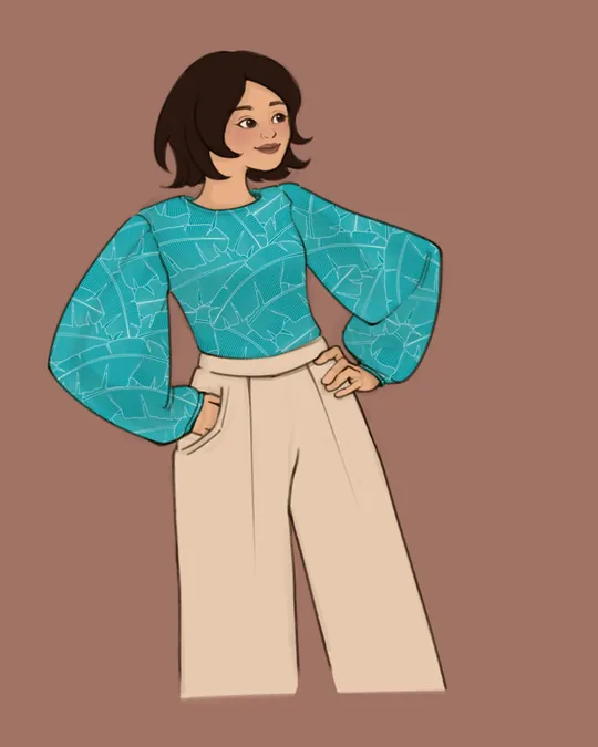 Adam Top with Puff Sleeves with Viridian green, Dark sky blue, Ivory