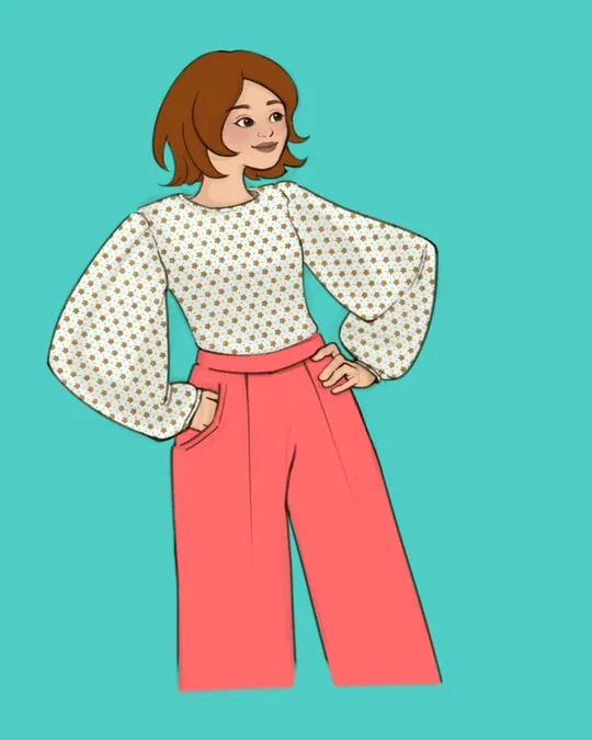 Adam Top with Puff Sleeves with Modern Floral Polka Dot Forget Me Not Flowers in Off White