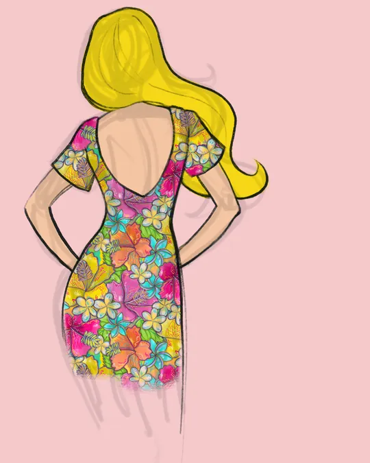 Woman with a Cocktail Dress, Back View with Raspberry pink, Rajah, Brilliant rose