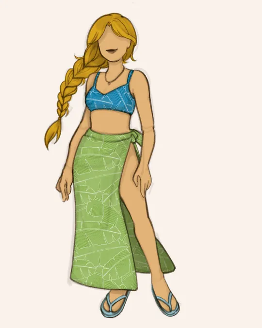 Woman with Swimsuit and Sarong / Pareo with Palm Leaf, CG Blue, Bone