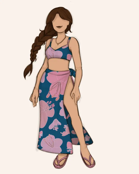 Woman with Swimsuit and Sarong / Pareo with Blue sapphire, Puce, Opera mauve