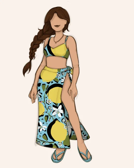 Woman with Swimsuit and Sarong / Pareo with Arylide yellow, Dark sky blue, Black