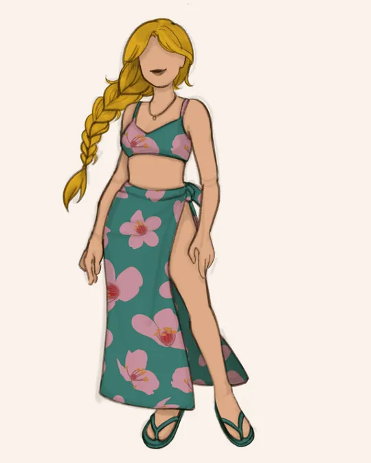 Woman with Swimsuit and Sarong / Pareo with Deep aquamarine, Old rose, Copper