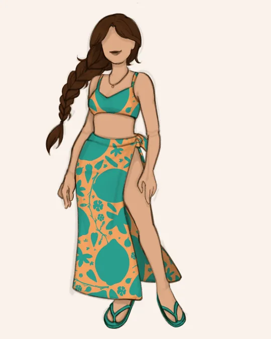 Woman with Swimsuit and Sarong / Pareo with Jungle green, Sandy brown