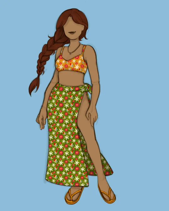 Woman with Swimsuit and Sarong / Pareo with Bronze Yellow, Sinopia, Dutch white
