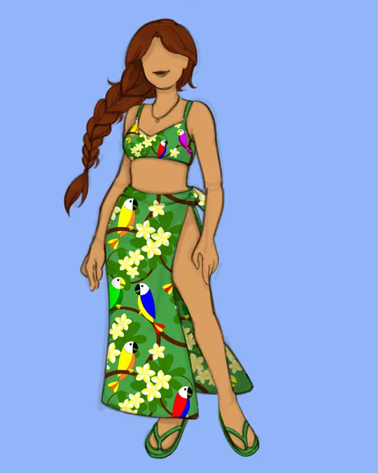 Woman with Swimsuit and Sarong / Pareo with May green, Napier green, Black bean