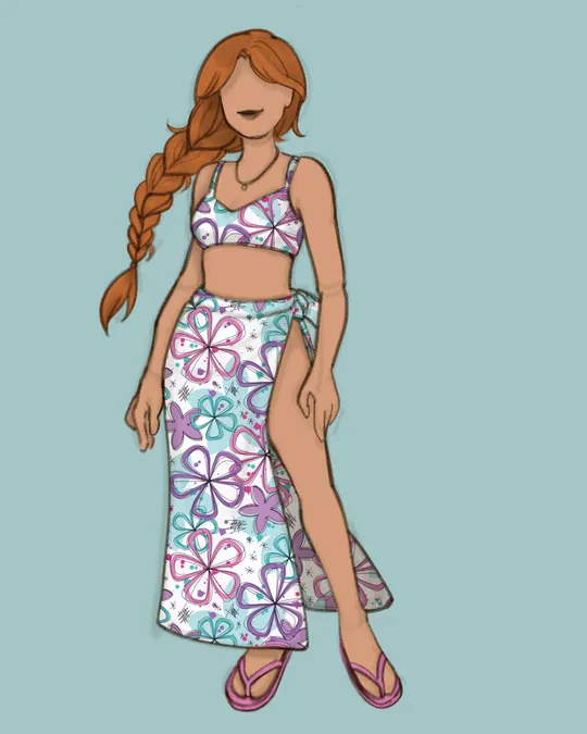 Woman with Swimsuit and Sarong / Pareo with White, Beau blue, Purple mountain majesty