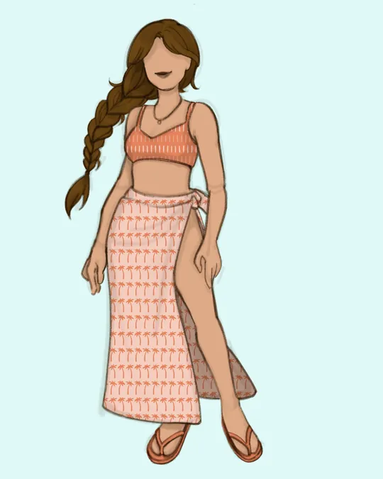 Woman with Swimsuit and Sarong / Pareo with Baby pink, Terra cotta, Dark salmon