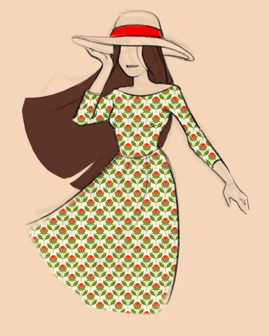 Woman in Dress and Hat with Old lace, Olive Drab, Red