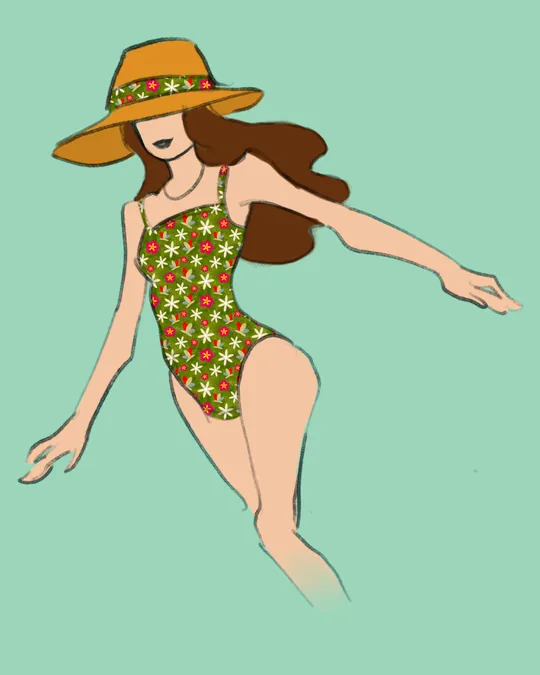 Woman in Swimsuit and Hat with Joyful Meadow Fabric in Green