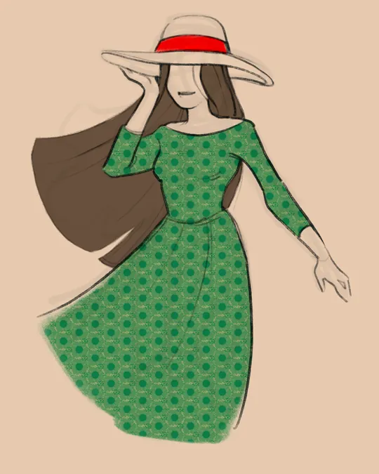 Woman in Dress and Hat with Black olive, Donkey brown, Spanish bistre