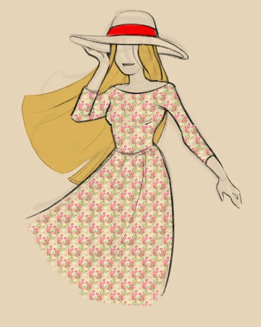 Woman in Dress and Hat with Dutch white, Pale gold, Cerise pink
