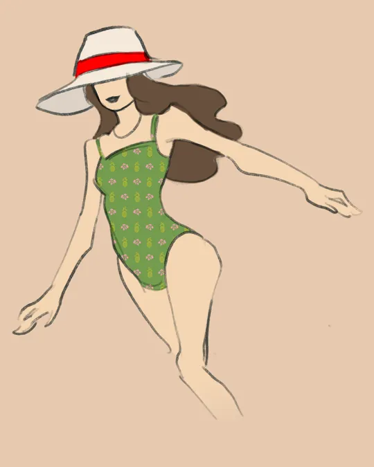 Woman in Swimsuit and Hat with Moss green, Vanilla ice, Dark tangerine