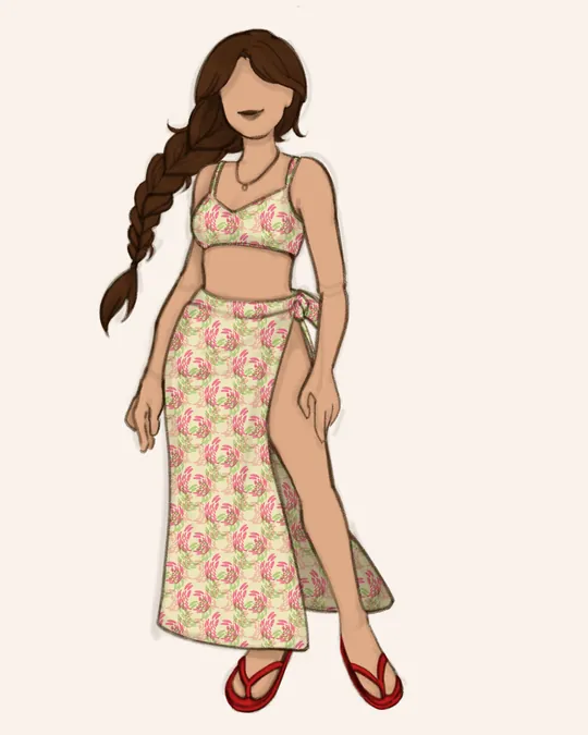 Woman with Swimsuit and Sarong / Pareo with Dutch white, Pale gold, Cerise pink