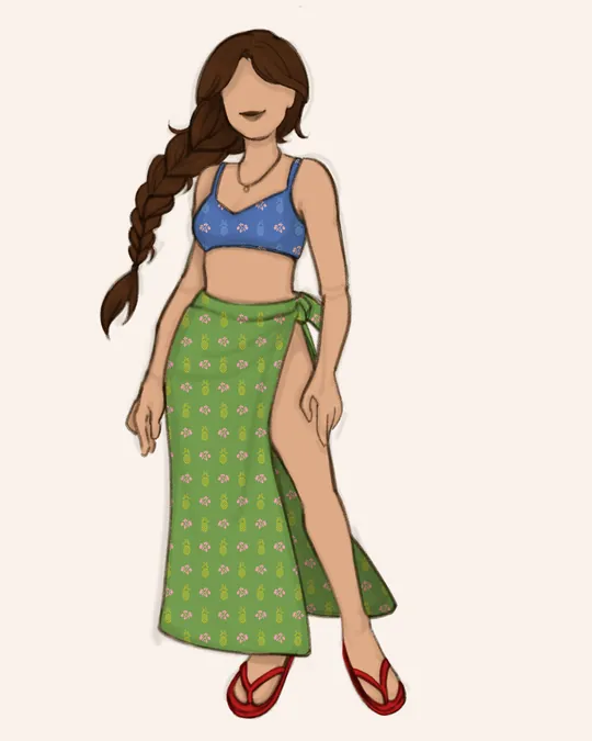 Woman with Swimsuit and Sarong / Pareo with Moss green, Blue yonder, Vanilla ice