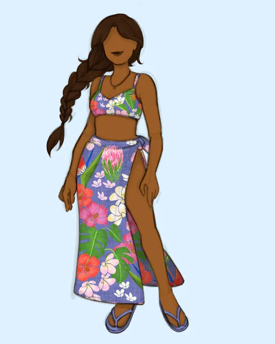 Woman with Swimsuit and Sarong / Pareo with Glaucous, Antique white, Palm Leaf