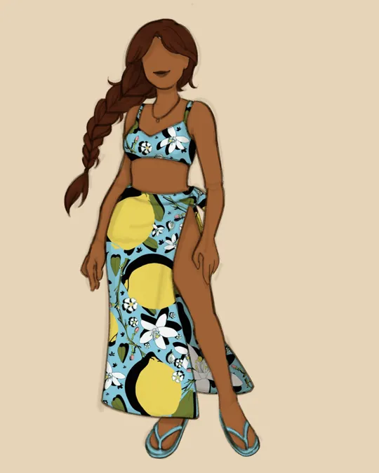 Woman with Swimsuit and Sarong / Pareo with Arylide yellow, Dark sky blue, Black