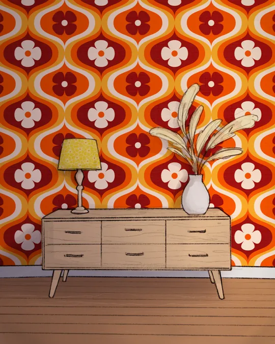 The Orange Room with Retro Seventies Wallpaper