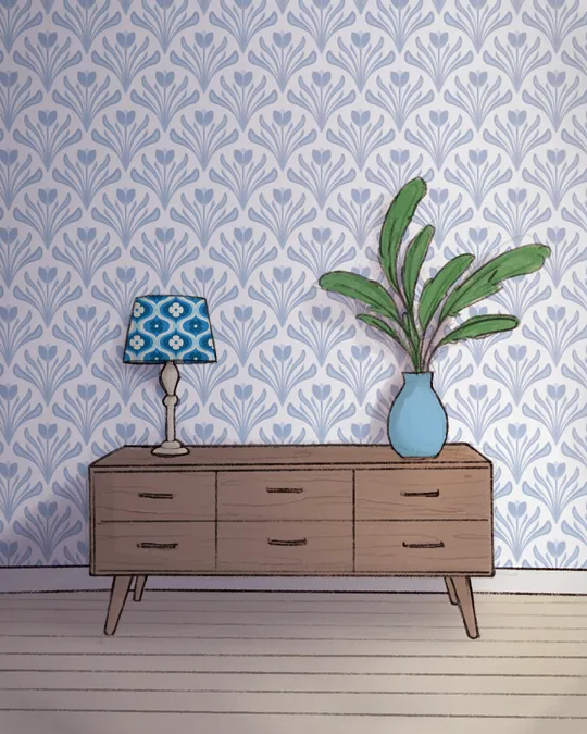 Living Room with Dresser, Plant and Lamp with White smoke, Light steel blue, Tufts Blue