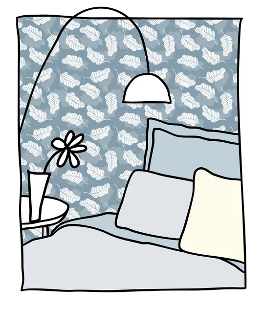 Bedroom with bedding set with Weldon Blue, White, Cadet grey
