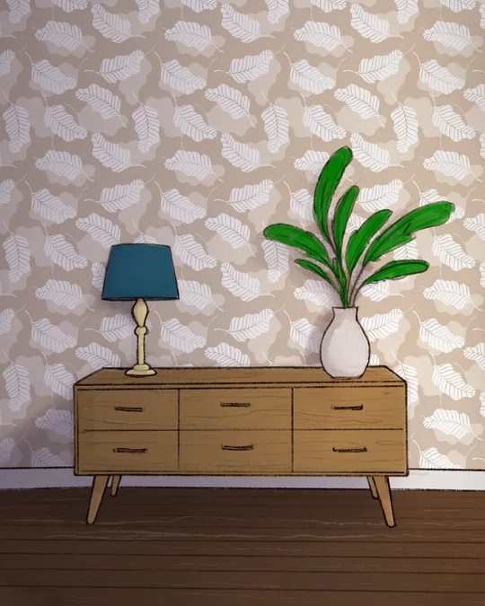 Living Room with Dresser, Plant and Lamp with Dark vanilla, White