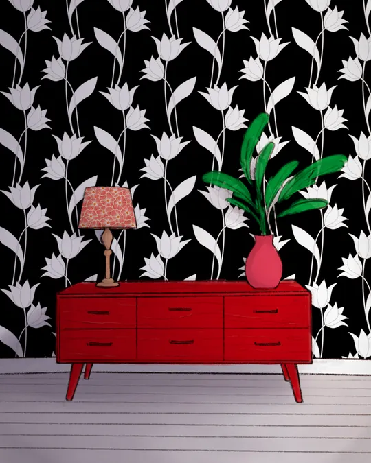 White on Black Tulips Wallpaper and Red Lacquered Chest of Drawers