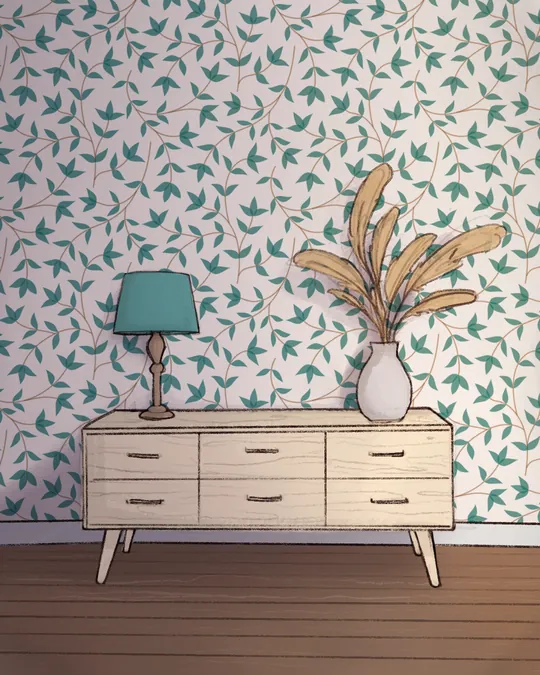 Teal Trailing Leaves Living Room