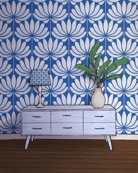 White on Blue Oversized Giant Dahlia Flowers Wallpaper