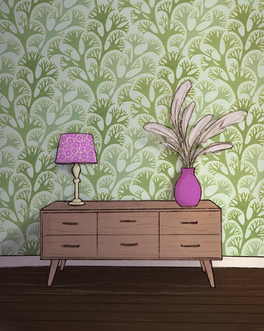 Sage Green Spectacular Seaweed Wallpaper and Purple Primrose Fabric Living Room