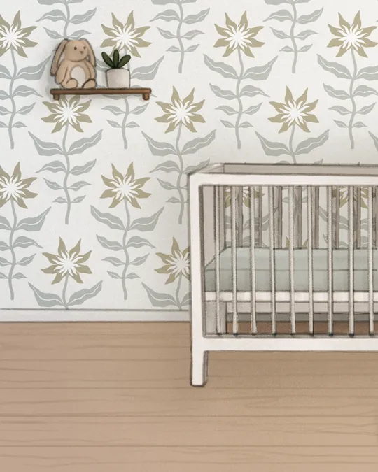 Sweet Nursery with a Crib and a Cute Plush Bunny with Platinum, Silver sand, Grullo