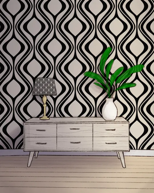 Retro Living Room with Geometric Ogee Wallpaper