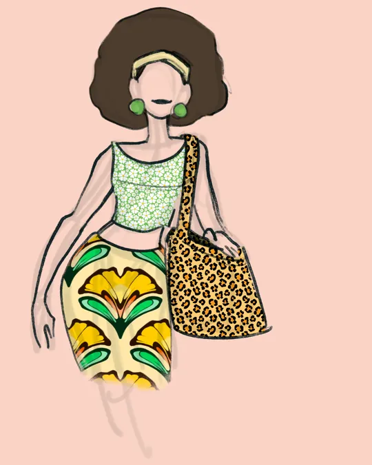 Woman with Skirt, Top, Headband and Bag with White, Navajo white, Mantis