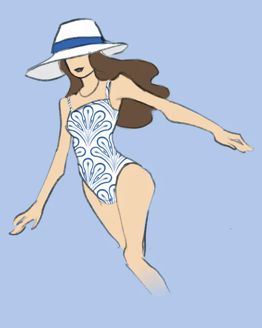 Woman in Swimsuit and Hat with Ghost white, B'dazzled blue, Light blue